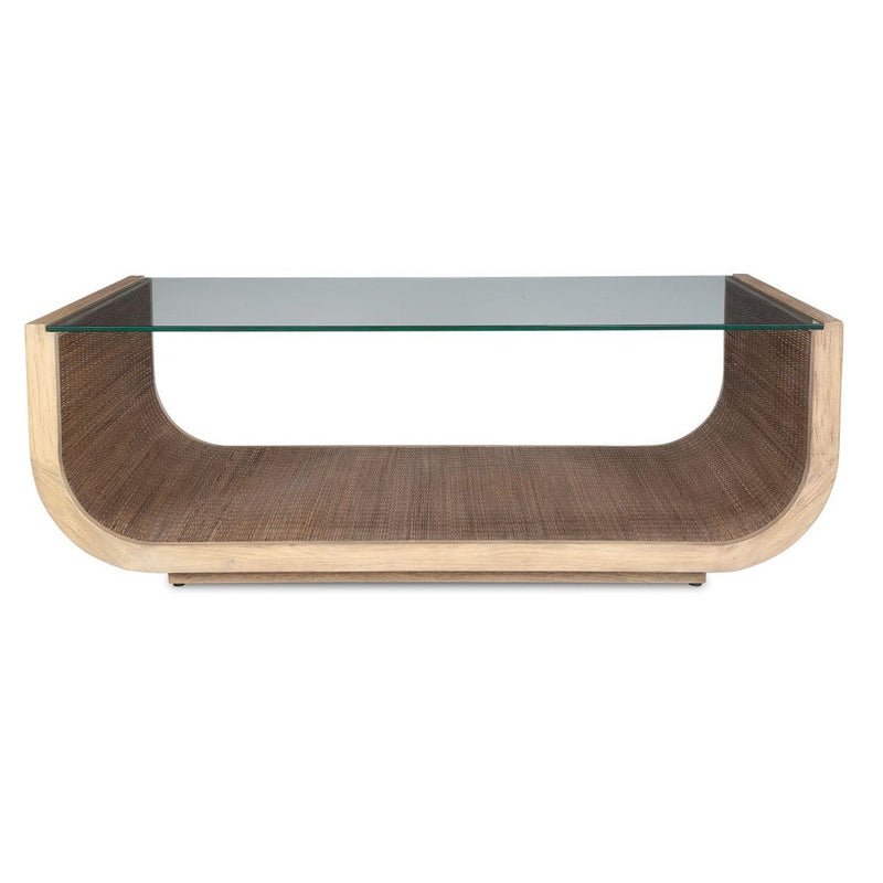 coffee table glass top woven wood detail driftwood gray finish