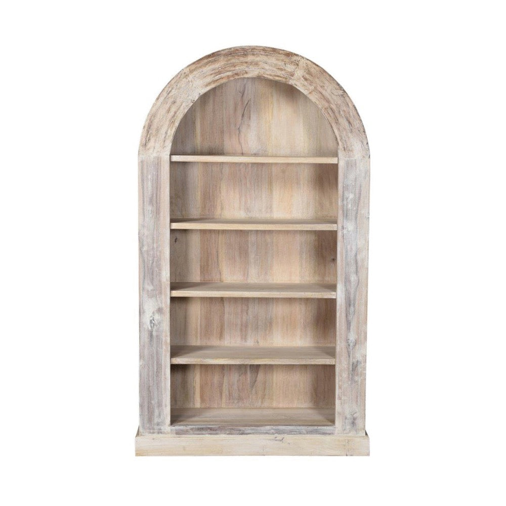 wood arched bookcase white wash open shelves