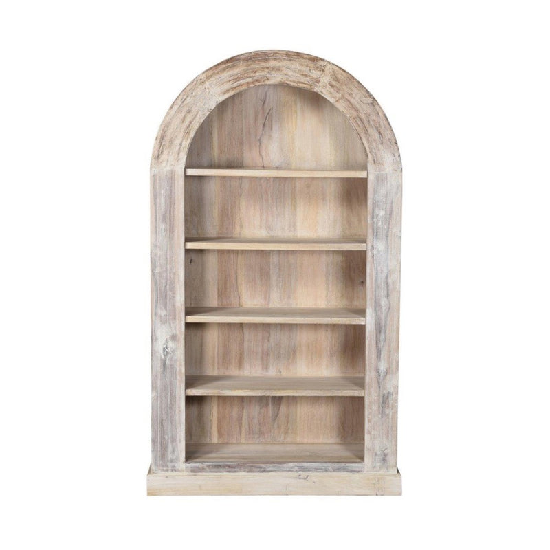 wood arched bookcase white wash open shelves
