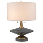 mid centry modern black stone table lamp brushed brass beige linen shade