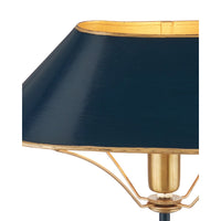 Close-up of a table lamp shade in dark navy blue with a gold inner lining and gold metal arms on a white background.