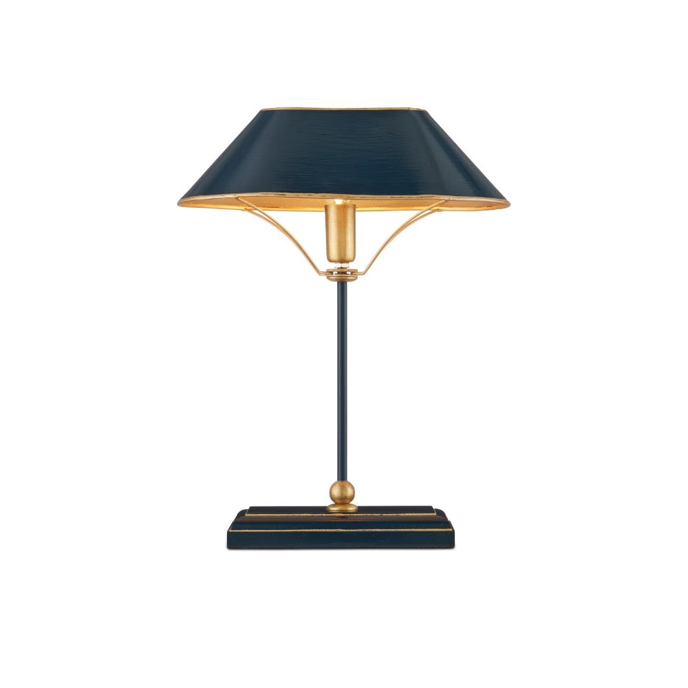 A modern table lamp with a dark navy blue shade and base accented with gold trim and brass-toned metal hardware, shown on a plain white background.