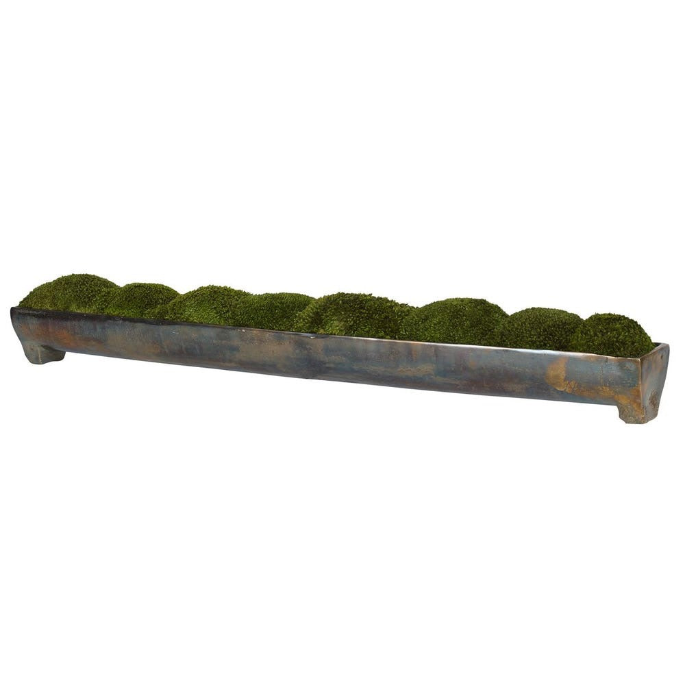 long rectangular aluminum tray filled with round green moss