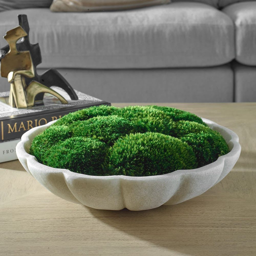 Decorative bowl with green moss on a wooden surface with a blurred sofa in the background