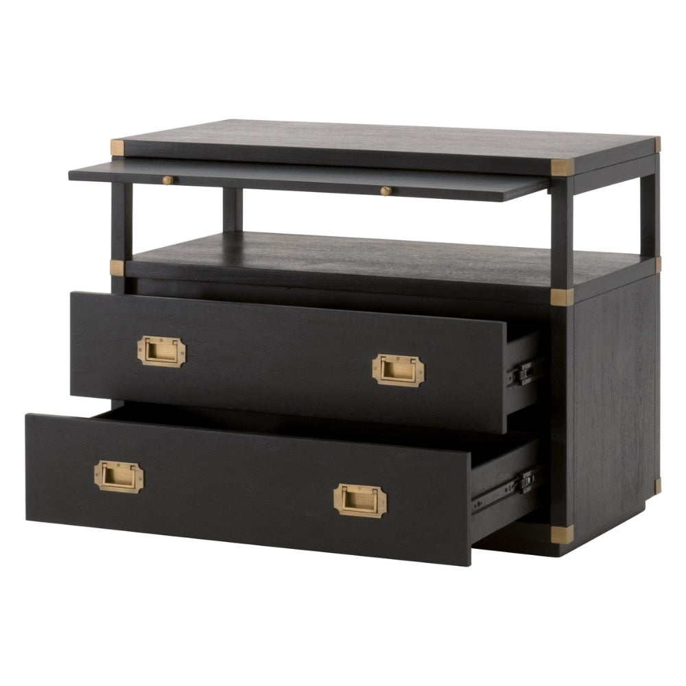 brushed black acacia wood brushed gold hardware nightstand two drawer