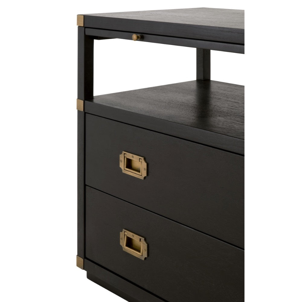 brushed black acacia wood brushed gold hardware nightstand two drawer