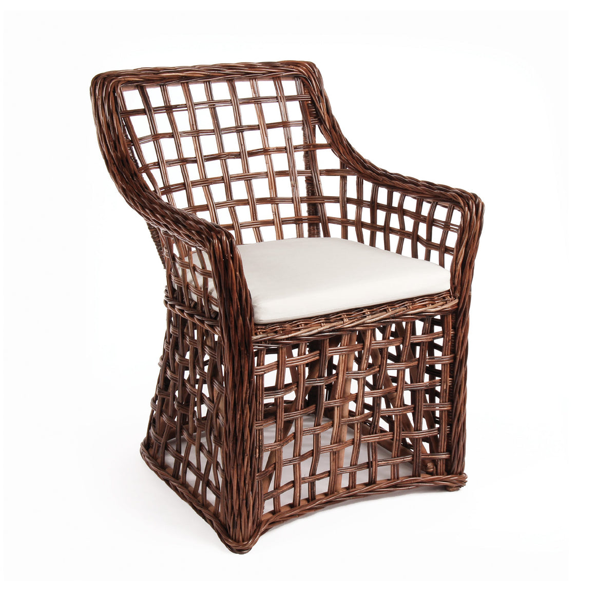 Wicker armchair with a white cushion on a white background
