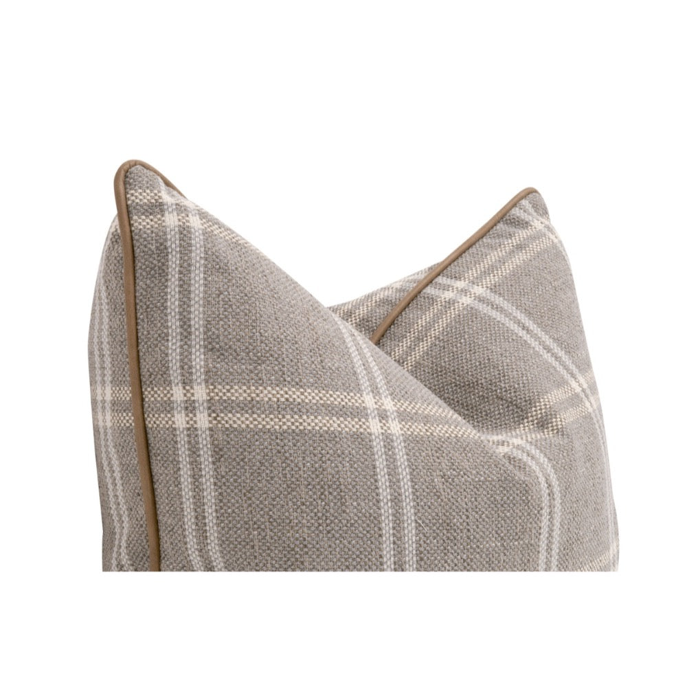 A square throw pillow with a textured gray and beige plaid pattern and tan piping, shown on a plain white background.