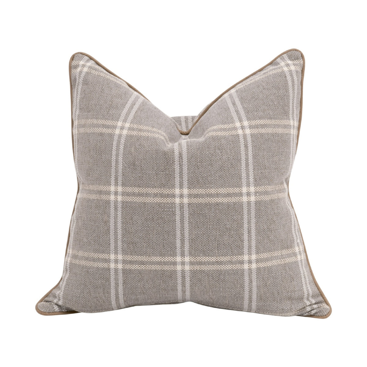A square throw pillow with a gray and white plaid pattern, featuring a subtle tan stitched edge, shown against a plain white background.