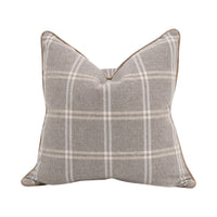 A square throw pillow with a gray and white plaid pattern, featuring a subtle tan stitched edge, shown against a plain white background.