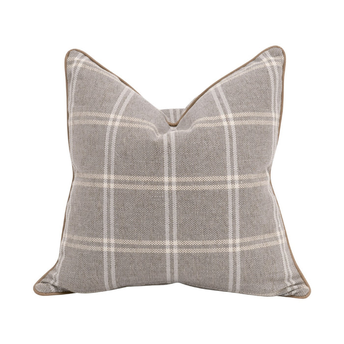 A square throw pillow with a gray and white plaid pattern, featuring a subtle tan stitched edge, shown against a plain white background.