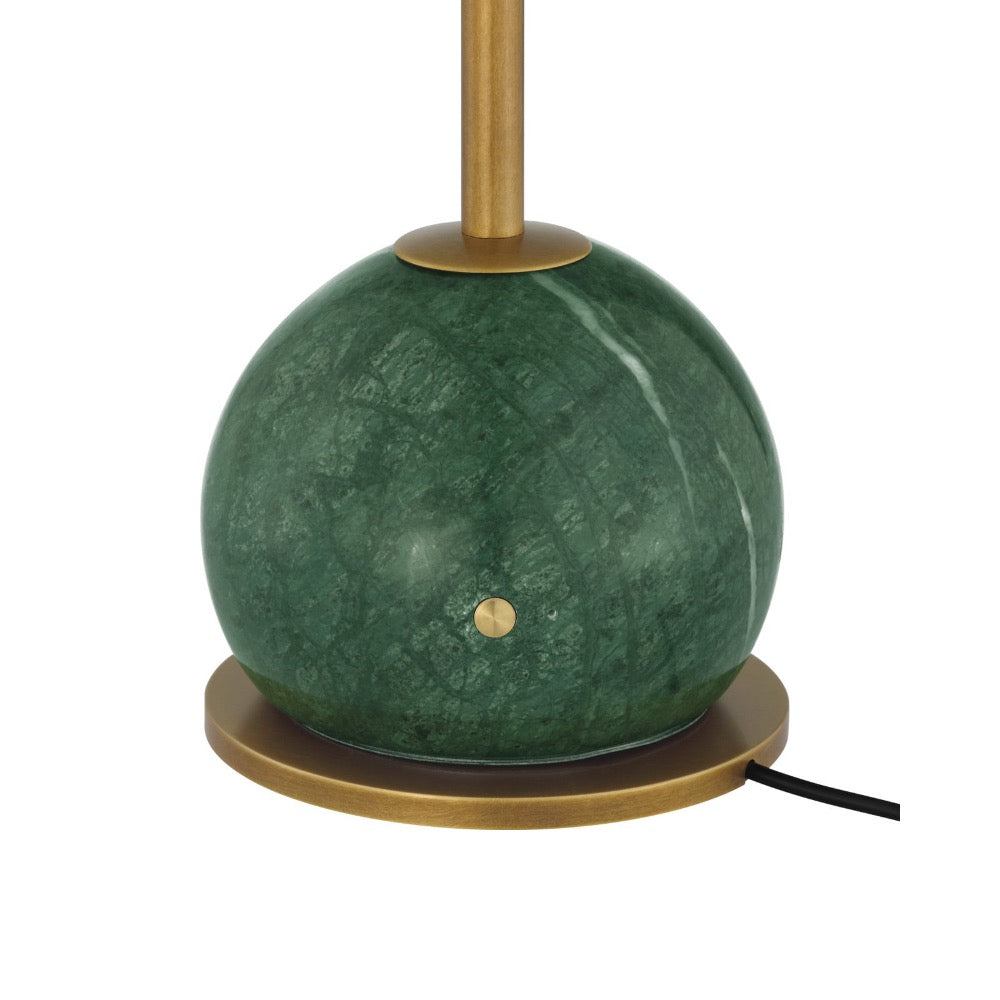 A modern table lamp featuring a spherical green marble shade with a small brass button detail, supported by a round brass base and a vertical brass stem, shown against a plain white background.