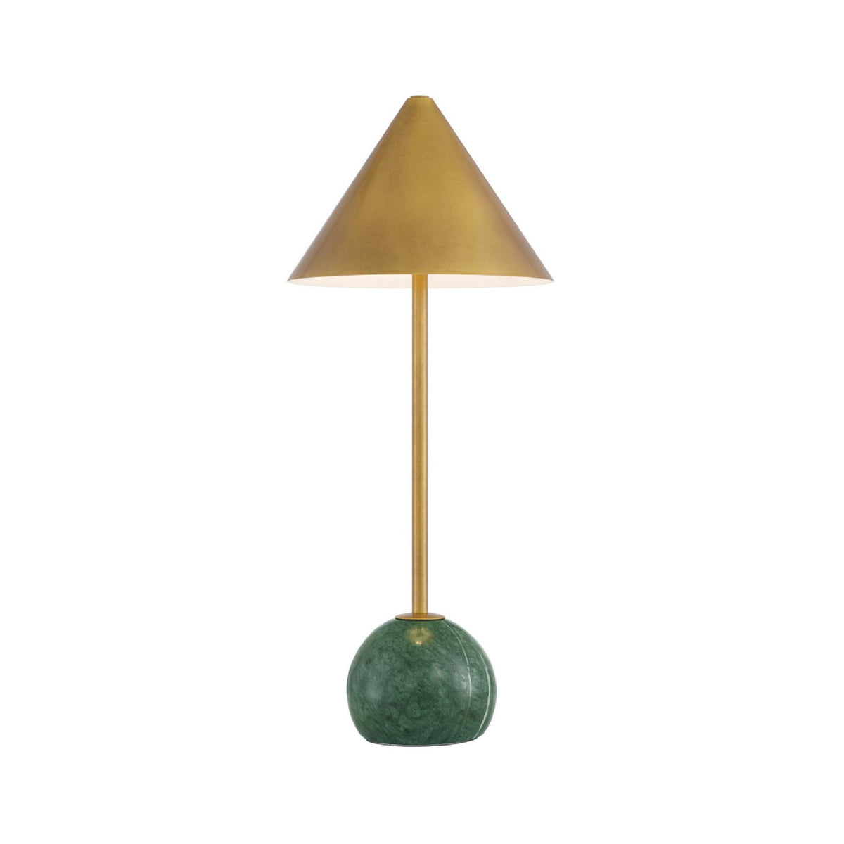 A modern table lamp with a tapered gold metal shade, a slim gold stem, and a textured green marble base, shown against a plain white background.
