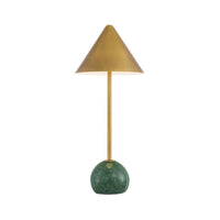 A modern table lamp with a tapered gold metal shade, a slim gold stem, and a textured green marble base, shown against a plain white background.