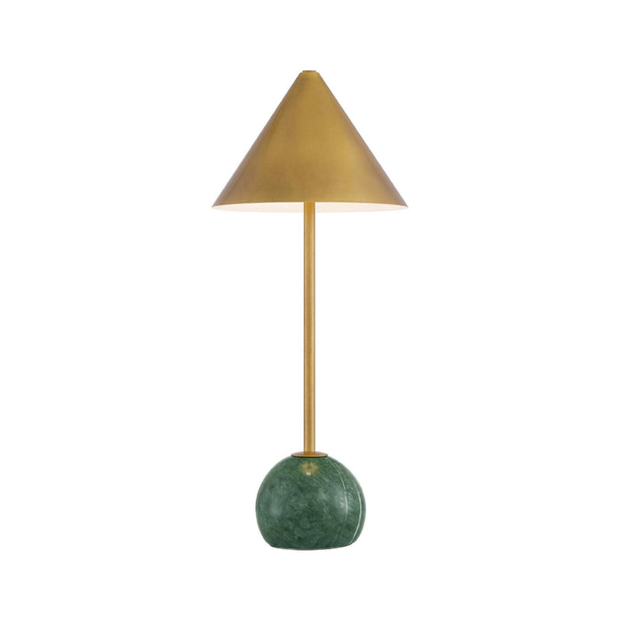 A modern table lamp with a tapered gold metal shade, a slim gold stem, and a textured green marble base, shown against a plain white background.