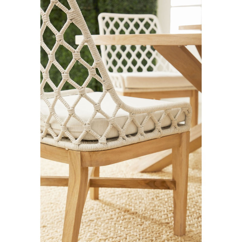 gray teak base flat rope woven back outdoor dining chair