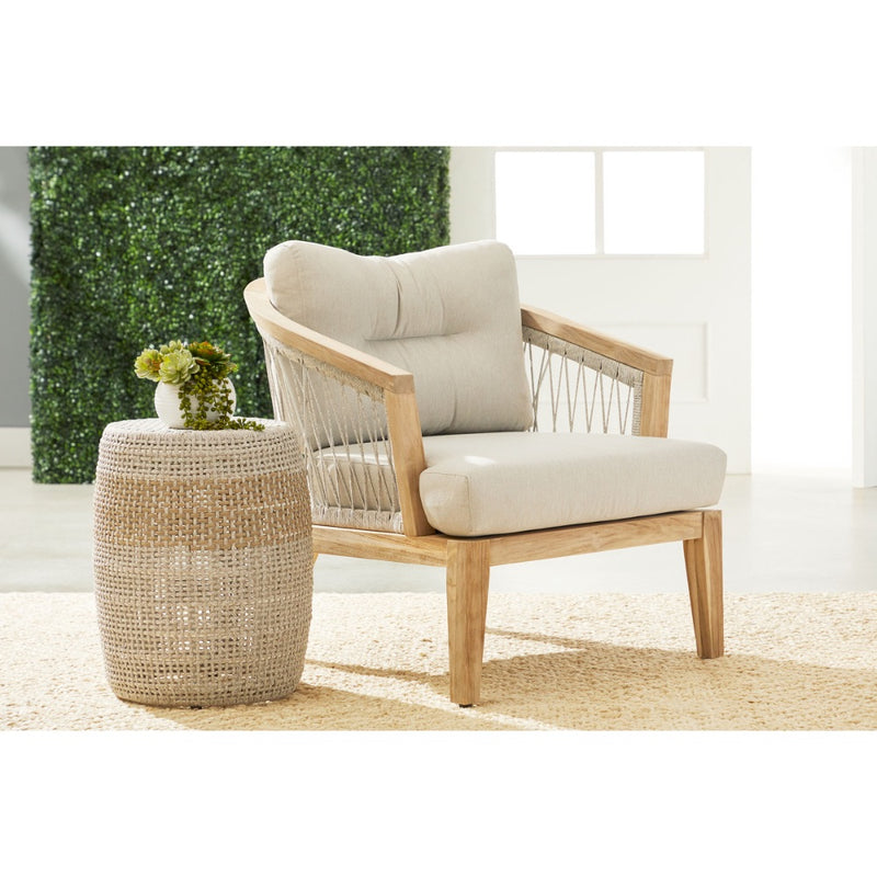 accent table outdoor woven taupe white rope round