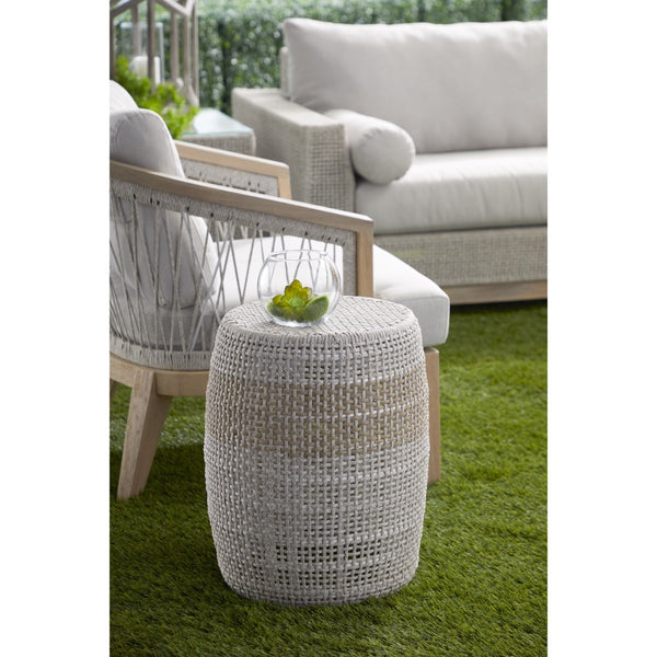 accent table outdoor woven taupe white rope round
