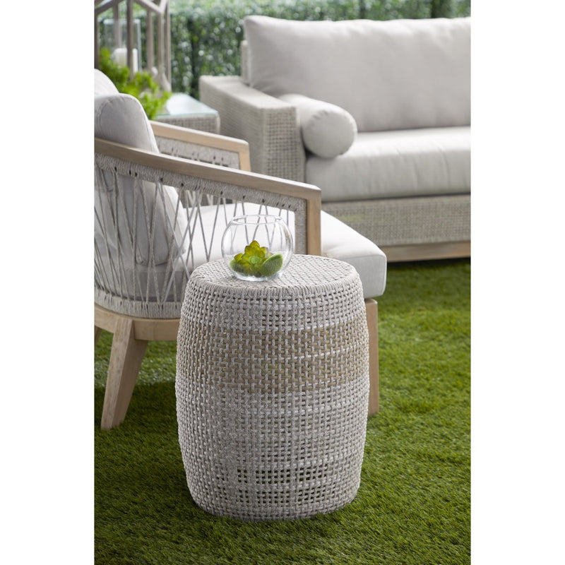 accent table outdoor woven taupe white rope round