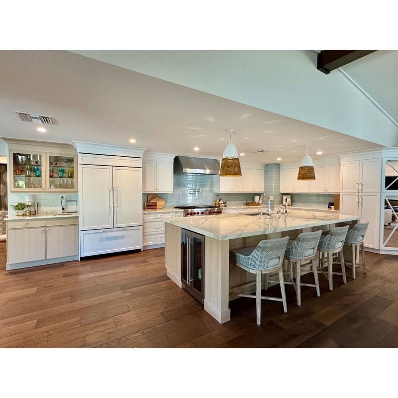 rattan wrapped counter stools wood base lifestyle kitchen pendant lights rattan white