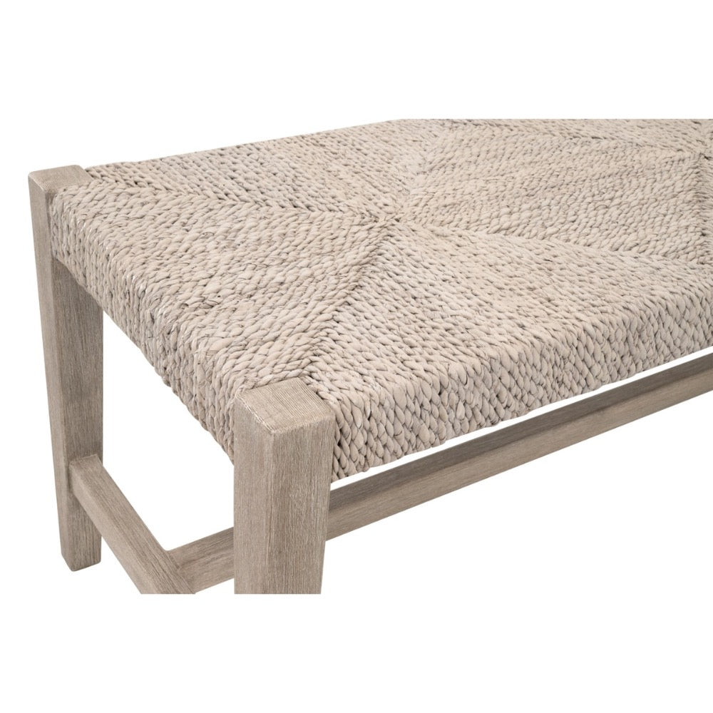 Beige woven bench with wooden frame on a white background