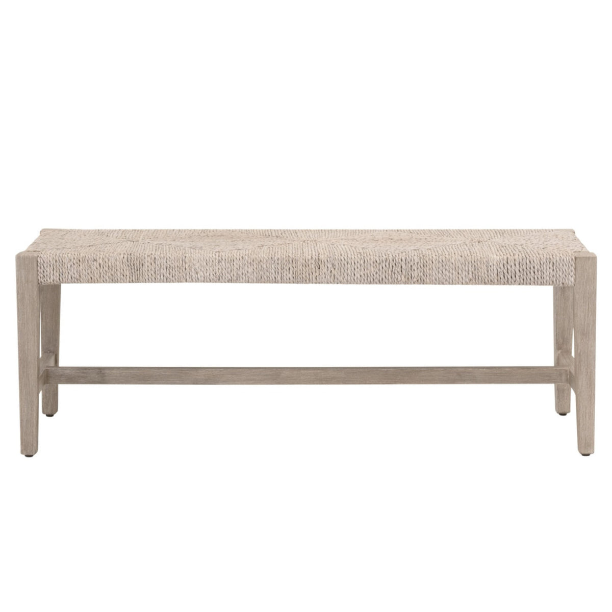 A rectangular bench with a light beige woven seat and a weathered gray wood frame, shown against a plain white background.