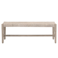 A rectangular bench with a light beige woven seat and a weathered gray wood frame, shown against a plain white background.