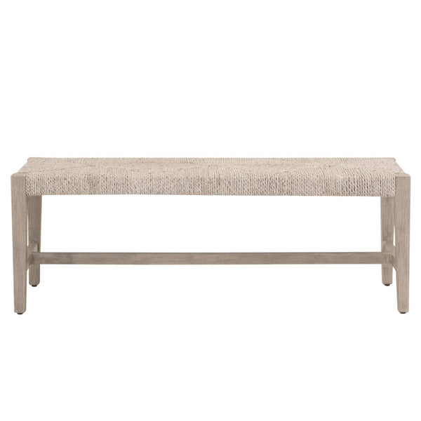A rectangular bench with a light beige woven seat and a weathered gray wood frame, shown against a plain white background.