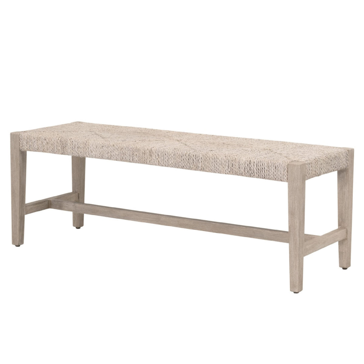A rustic entryway bench with a light gray wood frame and a woven beige rope seat, shown against a plain white background.