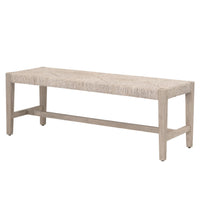 A rustic entryway bench with a light gray wood frame and a woven beige rope seat, shown against a plain white background.