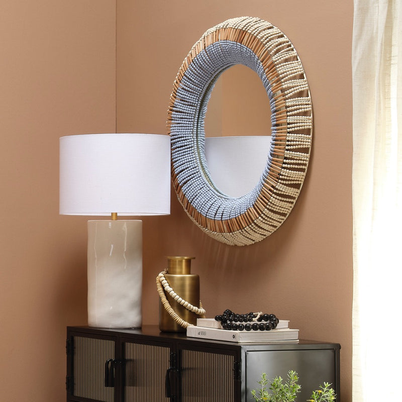 beaded mirror round natural blue mango wood 