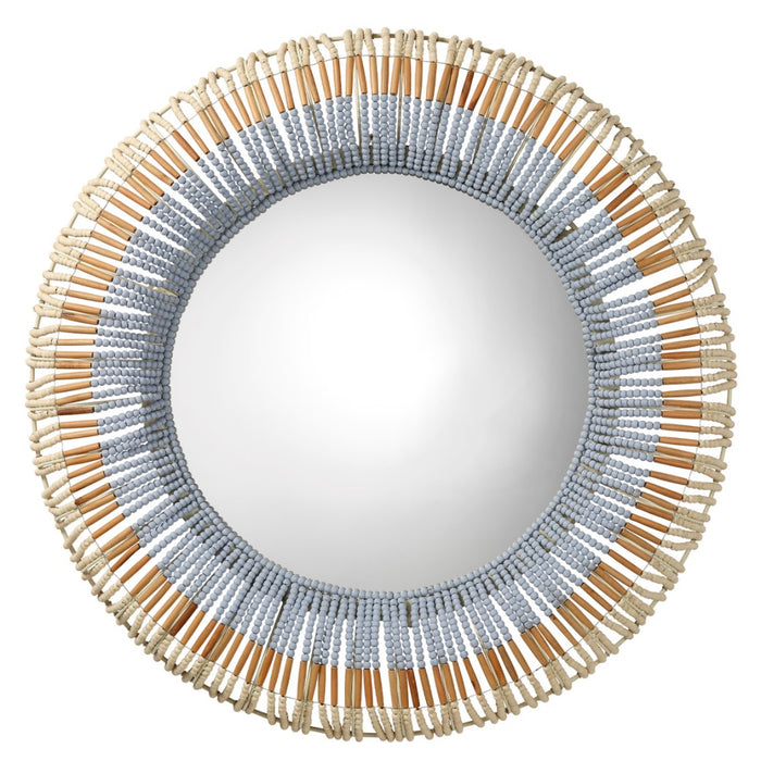 beaded mirror round natural blue mango wood 