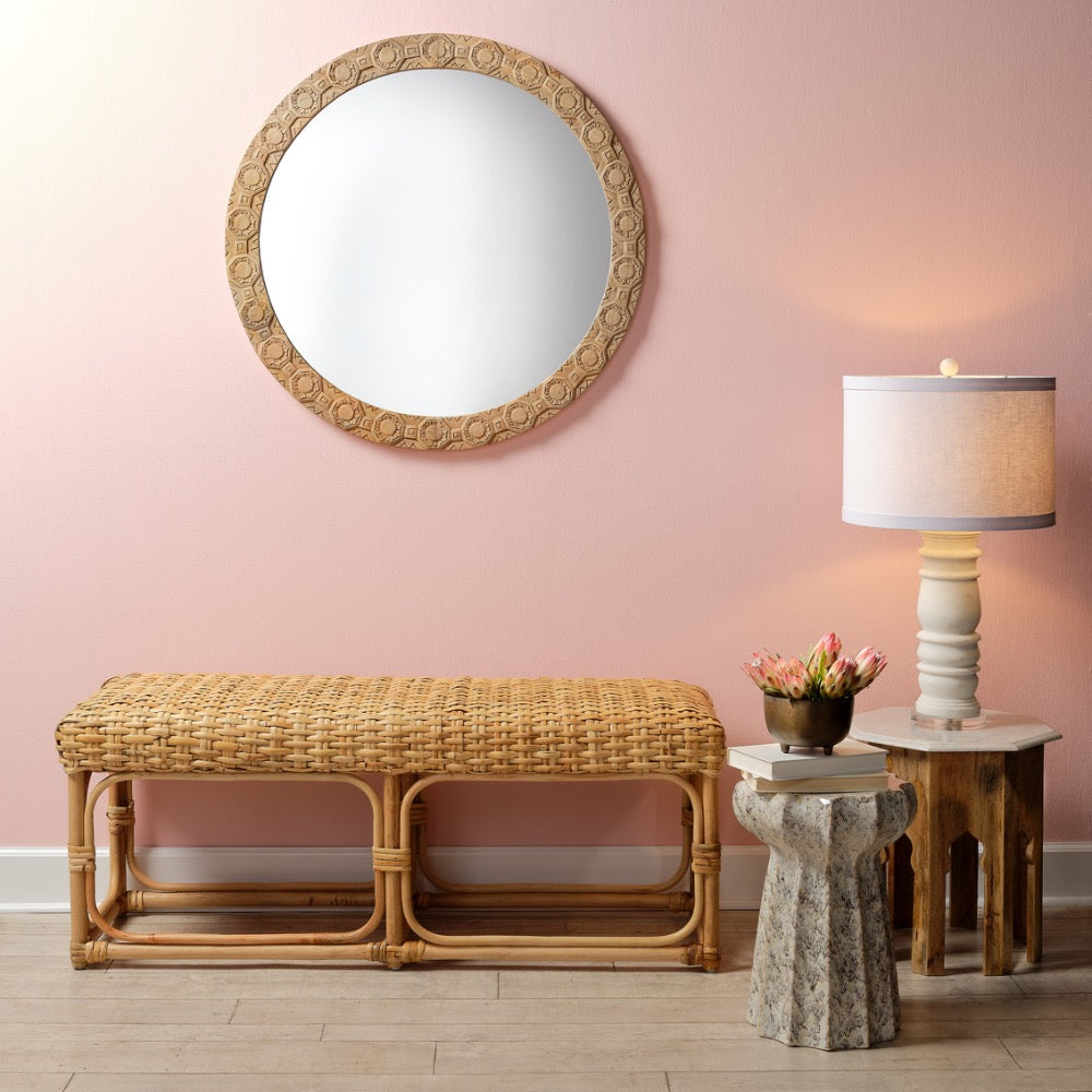 carved round mirror organic natural wood 
