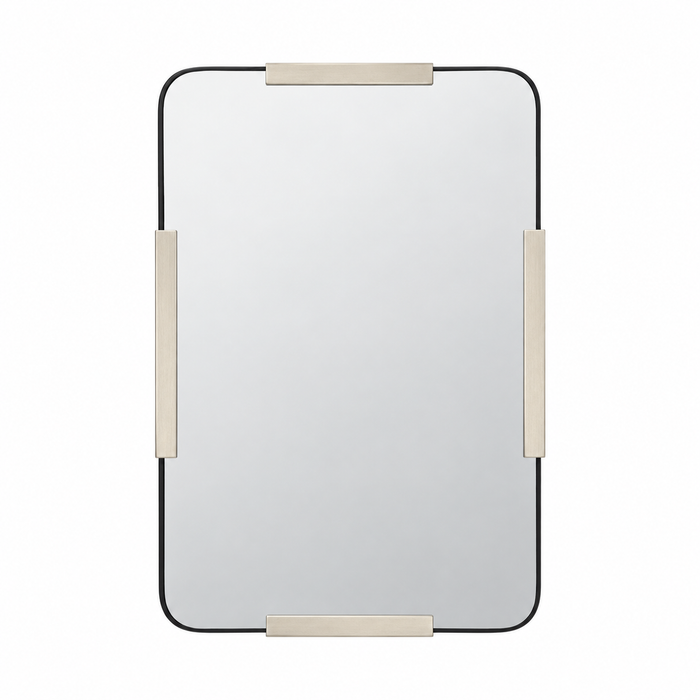 Speculo Polished Nickel Wall Mirror, a rectangular wall mirror with a thin black frame and metallic accents.