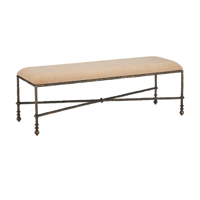 A rectangular upholstered bench with a beige fabric seat and a distressed dark metal frame featuring turned legs and crossed lower supports, shown on a plain white background.