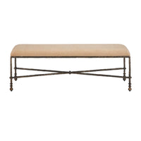 A rectangular upholstered bench with a beige fabric seat and a distressed dark metal frame featuring turned legs and an X-shaped stretcher bar, shown against a plain white background.