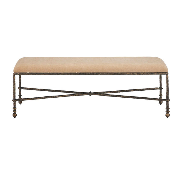 A rectangular upholstered bench with a beige fabric seat and a distressed dark metal frame featuring turned legs and an X-shaped stretcher bar, shown against a plain white background.