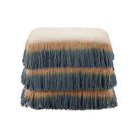 Fringed blue-and-beige upholstered square ottoman.