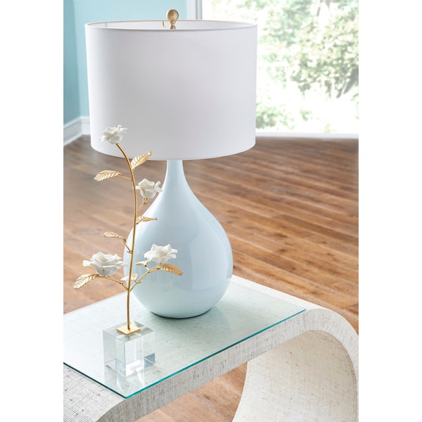 ceramic blue glaze table lamp white shade brass details