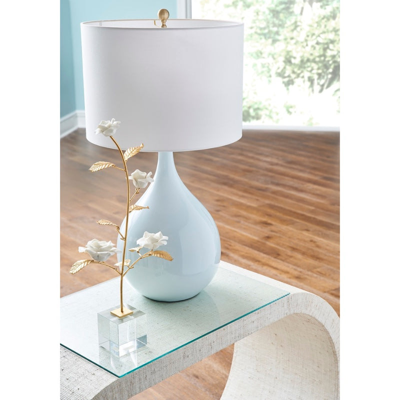 ceramic blue glaze table lamp white shade brass details