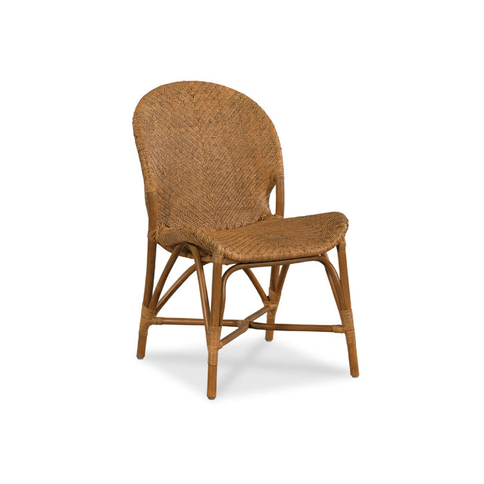 A classic woven rattan dining chair with a curved backrest, woven seat, and four tapered legs, shown on a solid white background.