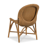 A classic wicker dining chair shown from the back, featuring a rounded backrest with a chevron pattern, a curved seat, and four splayed legs on a white background.