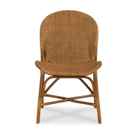 A classic woven rattan dining chair with a curved backrest, woven seat, and natural wood legs, shown against a plain white background.