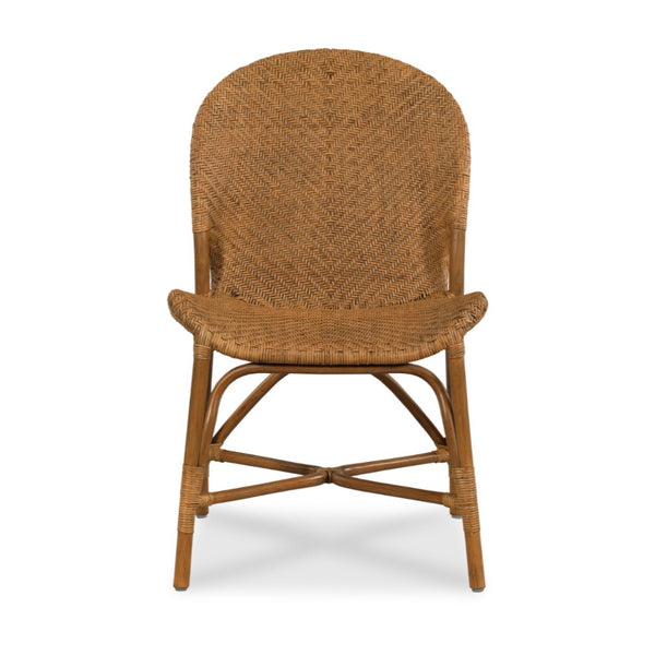 A classic woven rattan dining chair with a curved backrest, woven seat, and natural wood legs, shown against a plain white background.