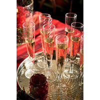 Set  of 6 bubbled glass clear champagne flute on a gold platter