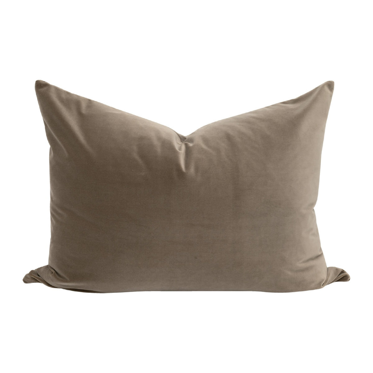 A rectangular throw pillow in a taupe brown fabric, photographed against a solid white background.