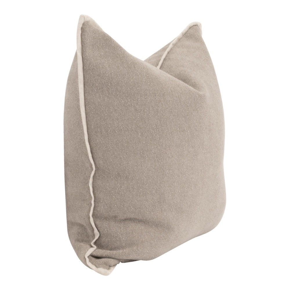 Beighr Taupe pillow with off white trim on a white background