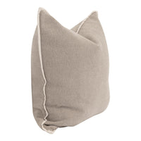 Beighr Taupe pillow with off white trim on a white background