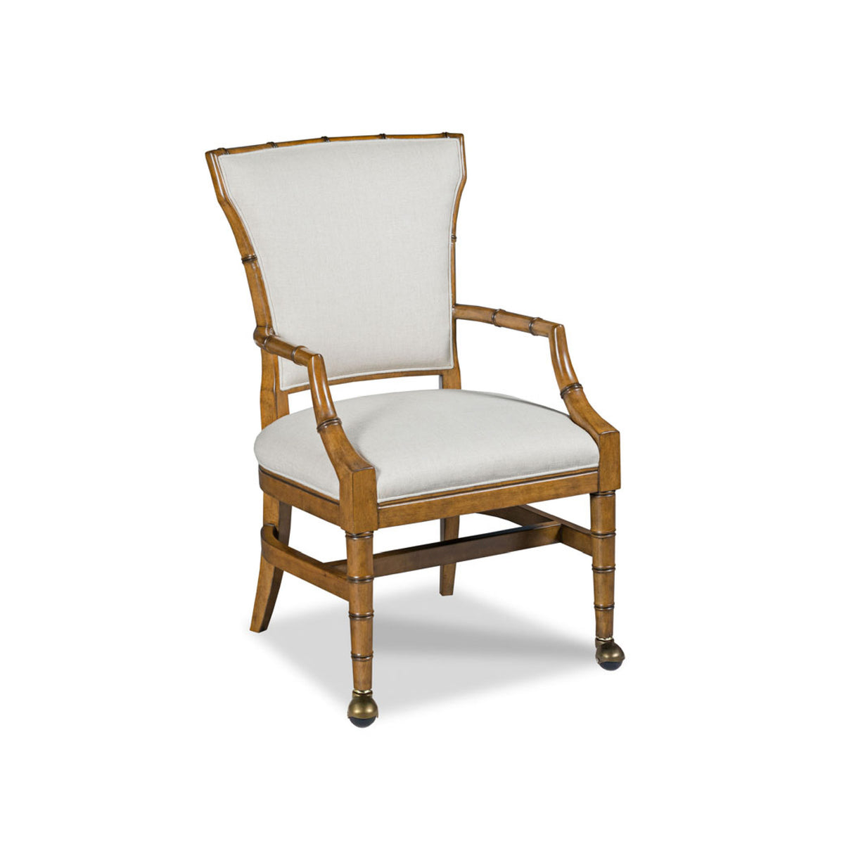 A single upholstered armchair with a bamboo-style wooden frame and light beige fabric cushions, shown on a plain white background.