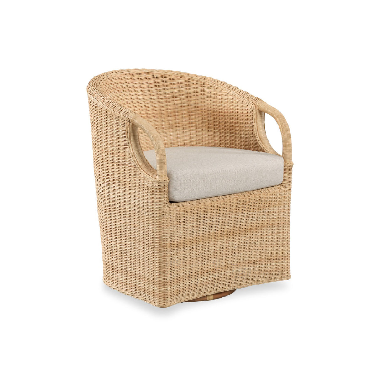 A natural woven rattan swivel armchair with a light beige cushion on a white background.